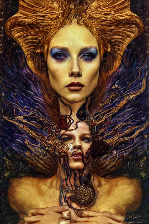 Image similar to Intermittent Chance of Chaos Muse by Karol Bak, Jean Deville, Gustav Klimt, and Vincent Van Gogh, Rebirth, Loki's Pet Project, Poe's Angel, Surreality, inspiration, imagination, sacred muse, otherworldly, fractal structures, arcane, ornate gilded medieval icon, third eye, spirals