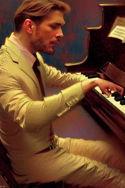 Image similar to attractive man playing piano, cool colors, painting by gaston bussiere, craig mullins, greg rutkowski, alphonse mucha