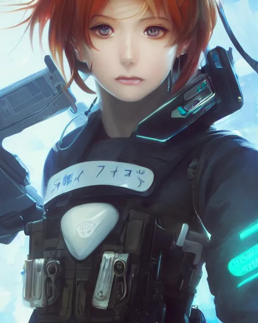 Image similar to nami, anime key visual of a young female swat officer, neon, cyberpunk, futuristic, white top, black vest, stunning, highly detailed, digital painting, smooth, soft focus, illustration, 4 k digital art from artstation by artgerm and greg rutkowski and alphonse mucha