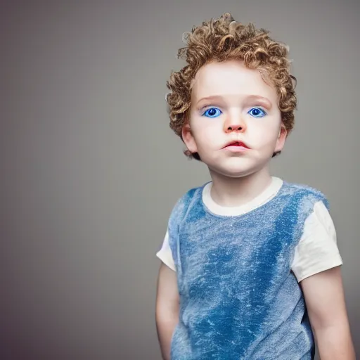 Image similar to toddler boy with curly light blond hair and blue eyes, photography, realistic