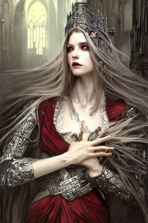 Image similar to beautiful luxury and elite and victorian and holy medieval female red and white silver mirror color armor knight portrait+smoky eyes+light flowing hair, in ruin gothic cathedral, ultradetail face, art and illustration by tian zi and craig mullins and WLOP and alphonse mucha, fantasy, intricate complexity, human structure, fantasy world concept, watermark, blurry, hyperrealism 8k