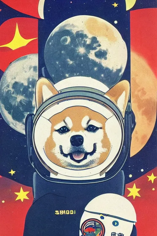 Image similar to Shiba Inu cosmonaut portrait, moon mission, 60s poster, 1968 Soviet Japanese