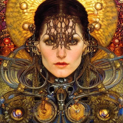 Prompt: baroque portrait of an art deco machine priestess, reflective detailed textures, highly detailed fantasy science fiction painting by annie swynnerton and jean delville and moebius, norman rockwell and william holman hunt. modern industrial shaman, rich colors, high contrast. artstation