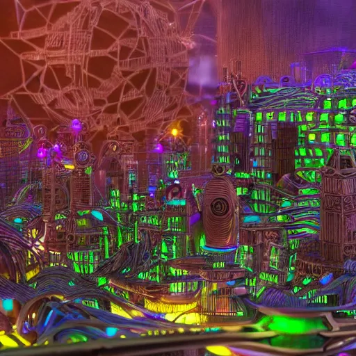 Prompt: a glossy claymodel of a steampunk aztec futuristic city, a city made of wires and multicolored glowing tubes, multicolored led screen, 8 k, front shot, symetrical, flourescent colors, halluzinogenic, multicolored, insanely detailed, 3 d render, octane