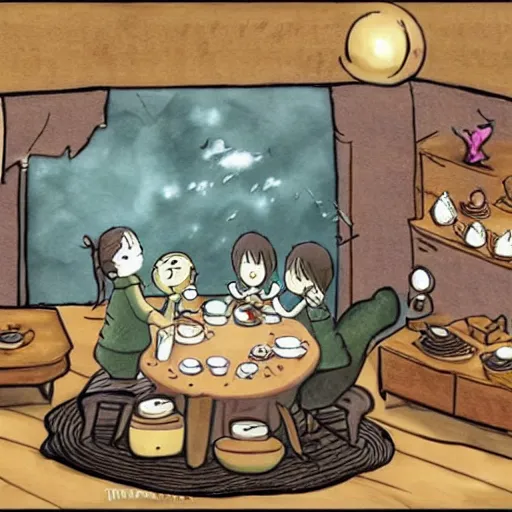 Prompt: tiny imaginary creatures having tea party inside a humans beard. anime. in a style of hayao miyazaki.