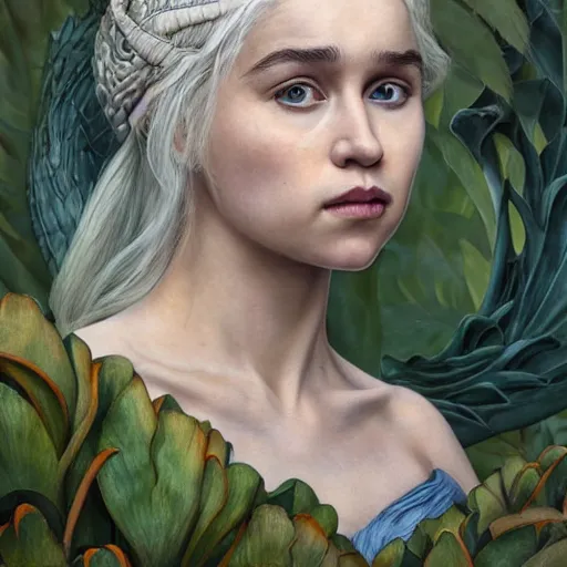 Image similar to daenerys targaryen, exterior botanical garden, portrait face, colorful, frantisek kupka, intricate, miles johnston, kuroda seiki, cynical realism, ozabu, john william godward, painterly, yoshitaka amano, moebius, miles johnston, louise zhang, james jean, mark ryden lowbrow pop surrealism art style