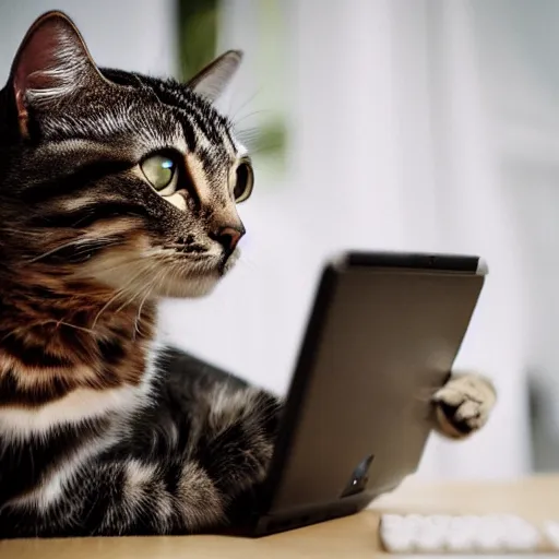 Prompt: a cat looking up cat videos on a computer using mouse with paw, 85mm f1.8