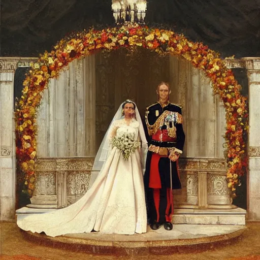 Prompt: Photograph of a royal wedding for queens, vertical symmetry, photograph, high detail, vintage shading, warm colors by Ilya Repin and artgerm