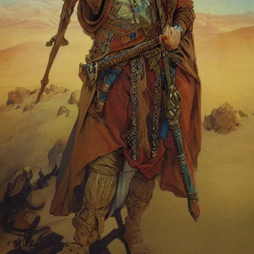 Image similar to Kethlan the elven desert bandit. Epic portrait by james gurney and Alfonso mucha.