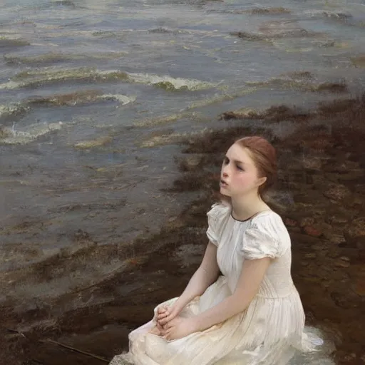 Prompt: a painting of a girl in a white dress, laying in a river, looking down, ophelia, an oil painting by jeremy lipking, behance contest winner, figurative art, detailed painting, oil on canvas, pre - raphaelite