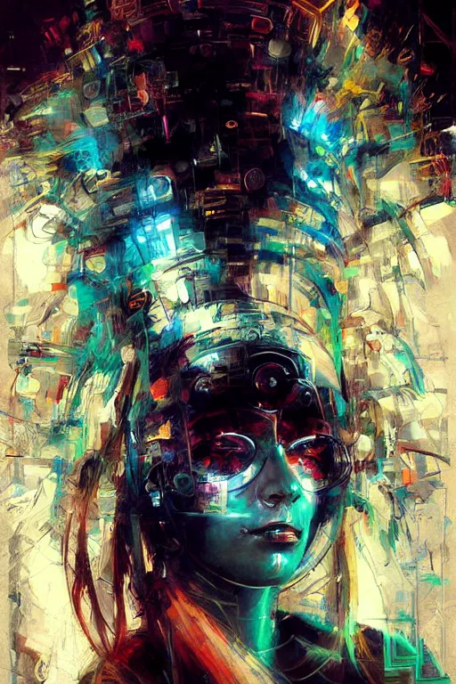 Image similar to portrait, headshot, digital painting, an beautiful techno - shaman lady in circuit electronic mask, realistic, hyperdetailed, chiaroscuro, concept art, art by john berkey