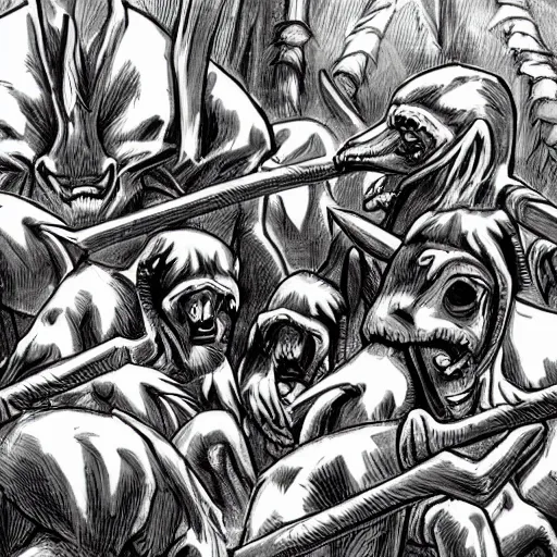 Image similar to black and white illustration by erol otus the pack of kobolds is crouched in a circle.