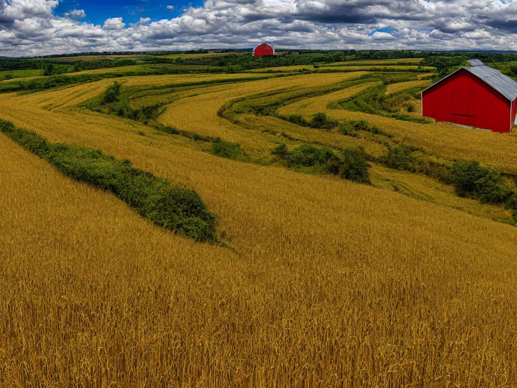 Image similar to Intricate detailed lush ravine with an isolated red barn next to a wheat crop at noon. Wide angle shot, surreal, Anato Finnstark.