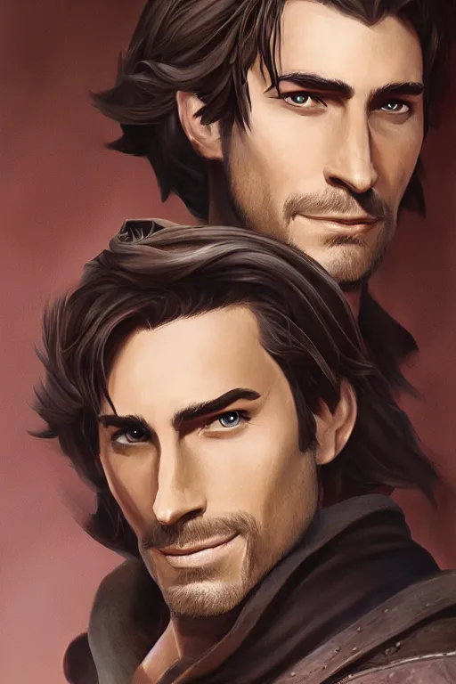 Image similar to beautiful clean acrylic painting of flynn rider as a dnd rogue, concept art by andy park, detailed, stunning, realistic