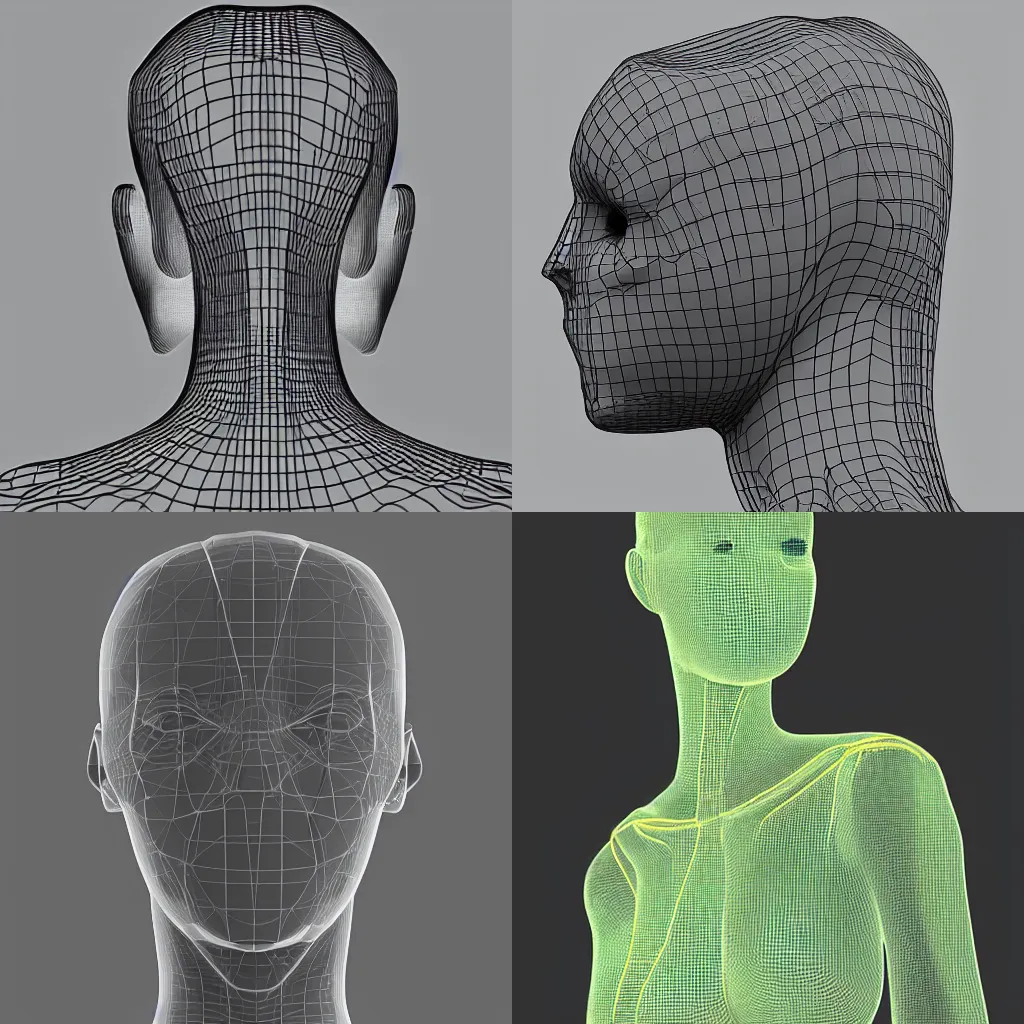 Prompt: clean topology wireframe view of neck and shoulders area, only quads, pixar professional