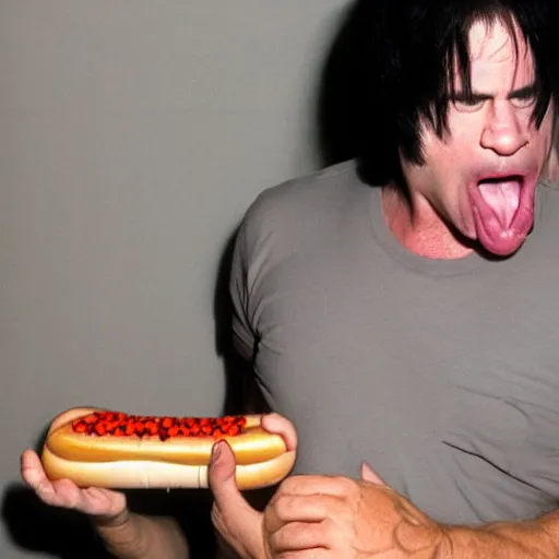 Prompt: danzig shoving a dozen hotdogs into his mouth