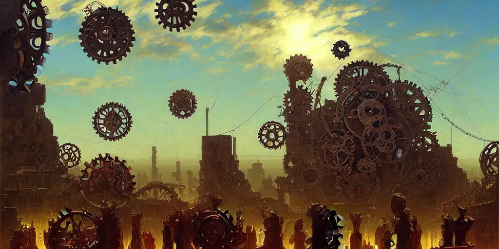 Image similar to giant gears cogs floating in the sky, clockwork, giant mechanisms, industry, villages castles, buildings vista artstation illustration sharp focus sunlit vista painted by ruan jia raymond swanland lawrence alma tadema zdzislaw beksinski norman rockwell tom lovell alex malveda greg staples