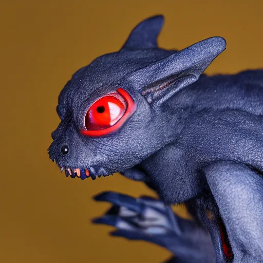 Prompt: detailed full body of scary giant mutant dark blue pygmy-bat, glowing red eyes, sharp teeth, acid leaking from mouth, realistic, giant, bat ears, bat nose, furred, covered in soft fur, detailed, 85mm f/1.4