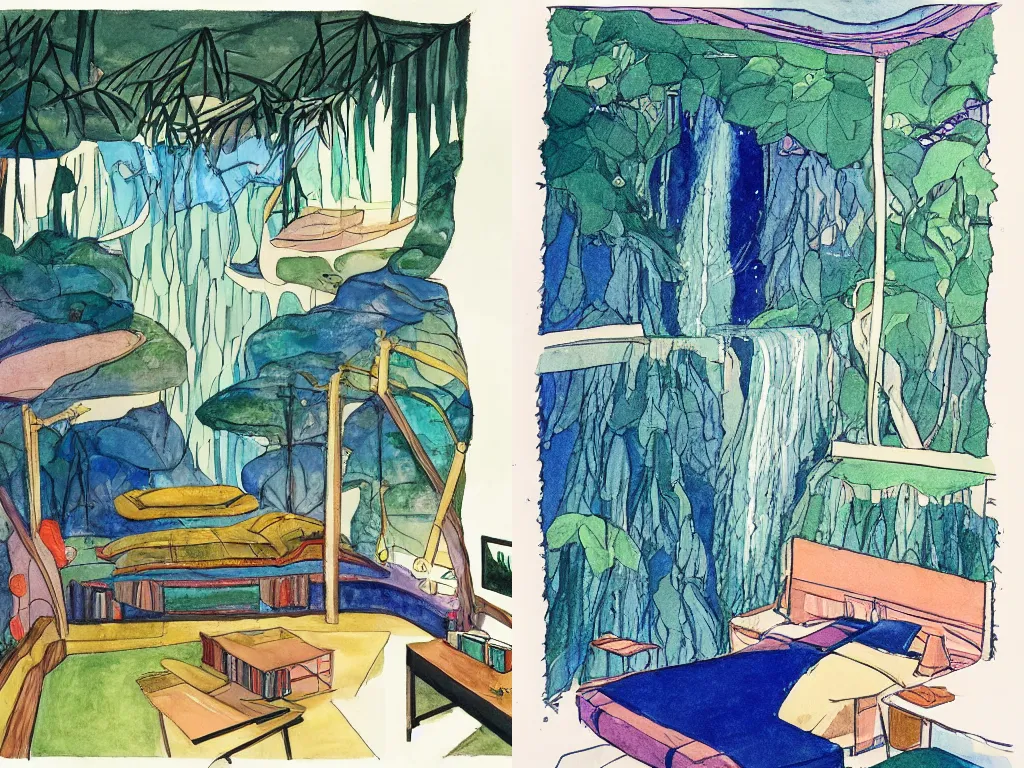 Prompt: pen and watercolor drawing of high ceiling 70s bedroom filled with massive trees and a waterfall by Charlotte Salomon, by Studio Ghibli, by Seiichi Hayashi, Concept art by Syd Mead, cinematic lighting, a masterpiece