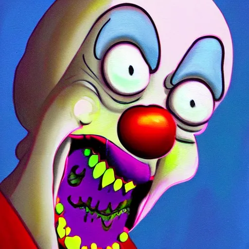 Prompt: fantasy painting of a clown by rick and morty | horror themed | creepy