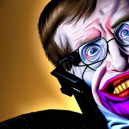 Image similar to ' stephen hawking playing the joker in the latest batman. the joker played by stephen hawking