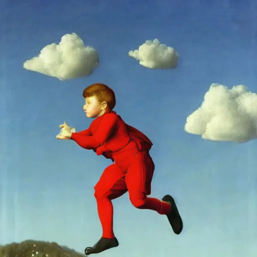 Prompt: boy-wonder proves to the science journal that he can fly by Raphael, Hopper, and Rene Magritte. detailed, romantic, enchanting, trending on artstation.