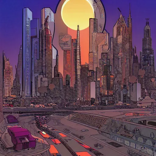 Prompt: A digital art of a city in 2055, detailed award winning comic cover by moebius