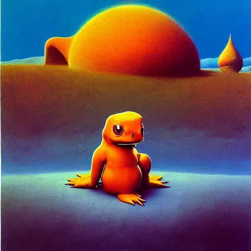 Image similar to beautiful landscape painting of a charmander, by zdzisław beksinski