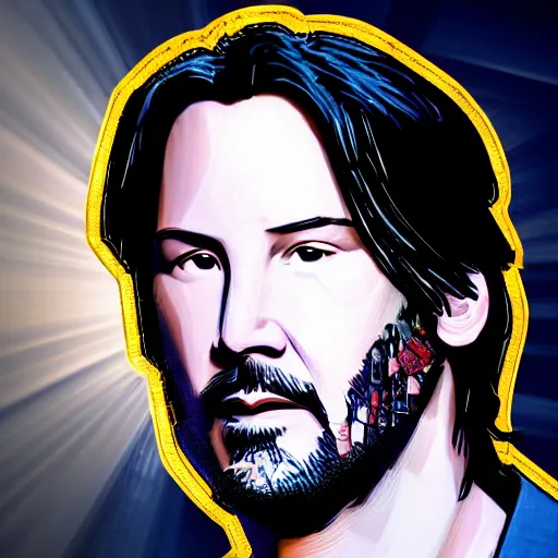 Image similar to mosaic style icon of keanu reeves. light rays. bokeh