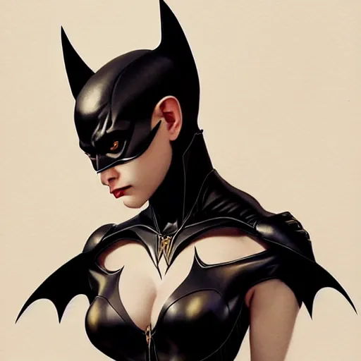 Image similar to 3 / 4 view of a portrait of bat woman with bat wings, confident pose, pixie, genshin impact,, intricate, elegant, sharp focus, illustration, highly detailed, concept art, matte, trending on artstation, art by wlop and artgerm and greg rutkowski, h 6 4 0