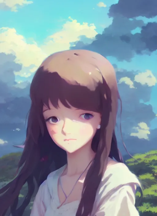 Image similar to portrait of cute girl, cloudy sky background lush landscape illustration concept art anime key visual trending pixiv fanbox by wlop and greg rutkowski and makoto shinkai and studio ghibli