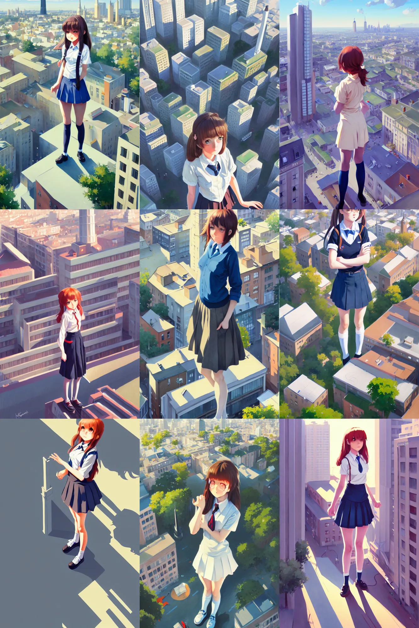 Prompt: a cute giantess wearing school uniform standing in the city which seem small, bird's eye view, gouache, 8 k wallpaper, strong brush stroke, very high detailed, sharp focus, illustration, morandi color scheme, art station, by krenz cushart