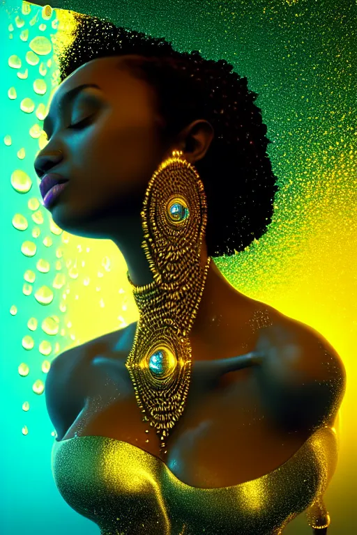 Image similar to hyperrealistic postrococo cinematic very expressive! black oshun goddess, in water up to her shoulders, mirror dripping droplets!, gold flowers, highly detailed face, digital art masterpiece, smooth eric zener cam de leon dramatic pearlescent volumetric teal light, high angle uhd 8 k, sharp focus