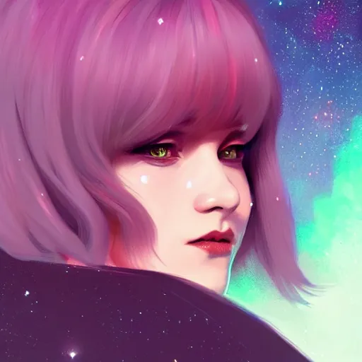 Image similar to a young woman with a starry cloak, aurora colored hair, curious expression, character art, full body art, trending on artstation, artgerm, 4k ultra hd, sharp focus, digital art by Ilya Kuvshinov and Ross Tran,