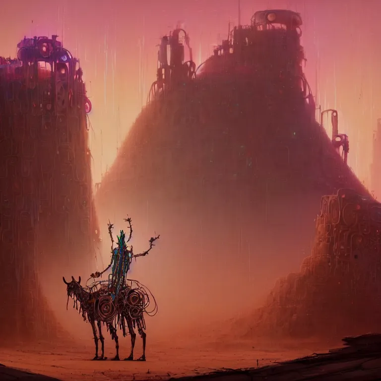 Image similar to A techno-magical male-shaman in shamanistic robes performs a ritual to resurrect a mechanical horse in a huge steel ancient ruins covered of dunes of sand. Art by Finnian MacManus, Simon Stalenhag. Masterpiece, fantasy art, cinematic, hyperdetailed, sigils, photorealistic, cyberpunk, postapocalyptic, steampunk, hyperrealism, octane render, 8k