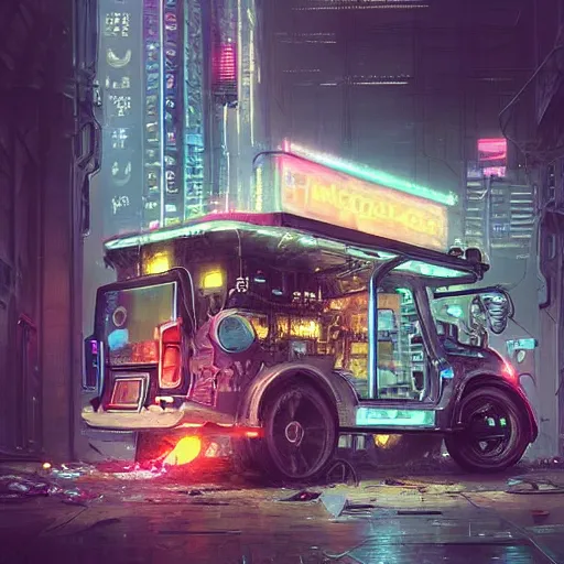 Prompt: a cyberpunk ice cream truck, highly detailed epic, CG render digital painting artwork by Greg Rutkowski, John Berkey, Alexander Jansson, Kuvshinov, WLOP, Artgerm, trending on ArtStation, intricate artwork by Tooth Wu, Wlop and Beeple. octane render, trending on artstation, greg rutkowski very coherent symmetrical artwork, bokeh, cinematic, hyper realism, high detail, octane render, vervia, 8k