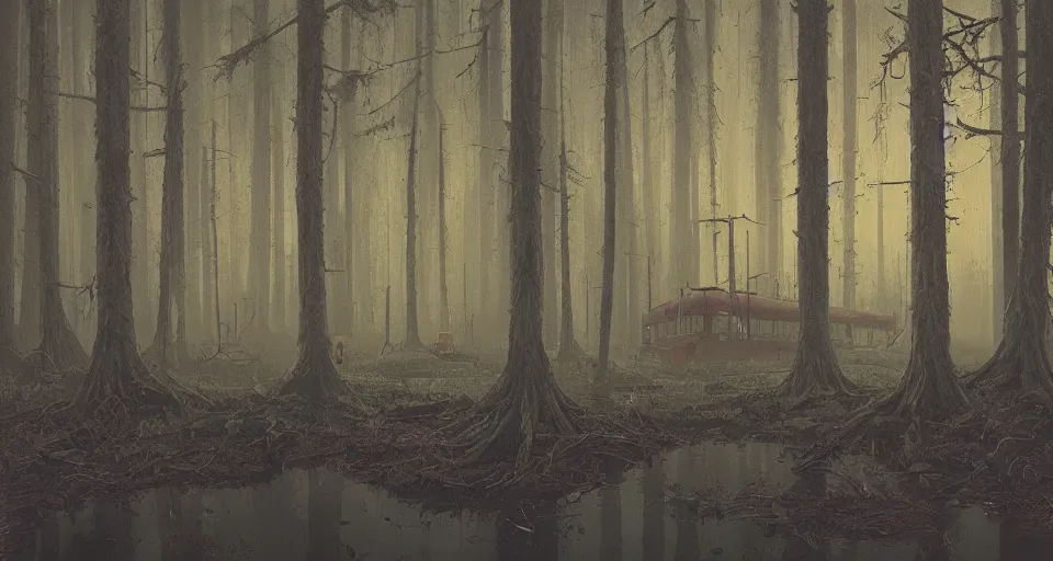 Prompt: A fantastic forest with a swamp, by simon stalenhag