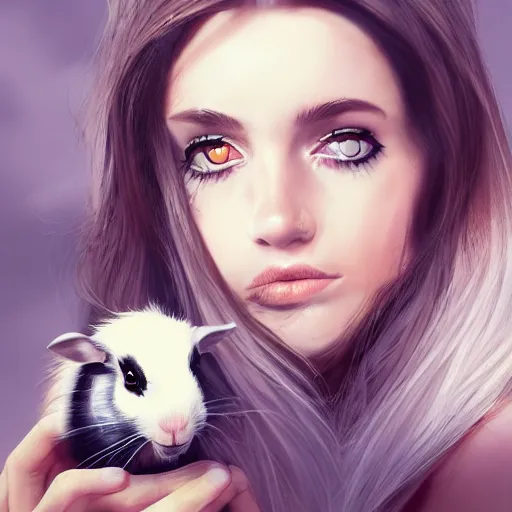 Image similar to Caucasian white girl from Australia, wearing eyeliner, holding her dark brown guinea pig, out in the wilderness at morning, trending on artstation, artstationHQ, artstationHD, photorealistic imagery.