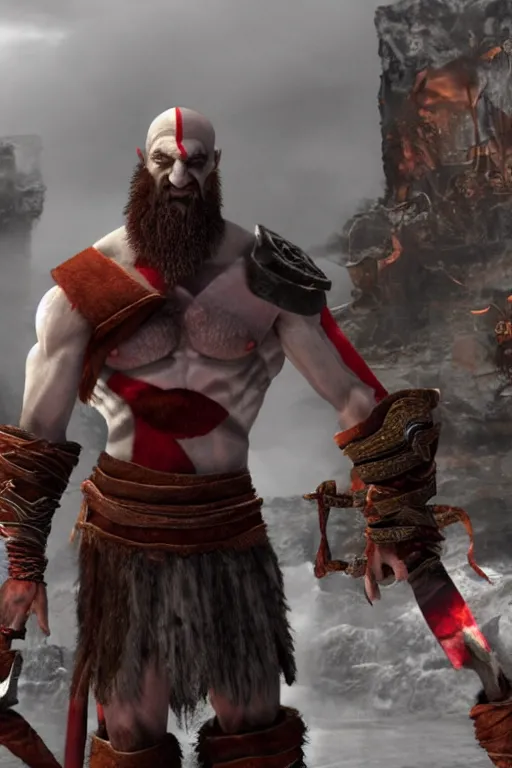 Prompt: TV news interviewing Kratos from god of war