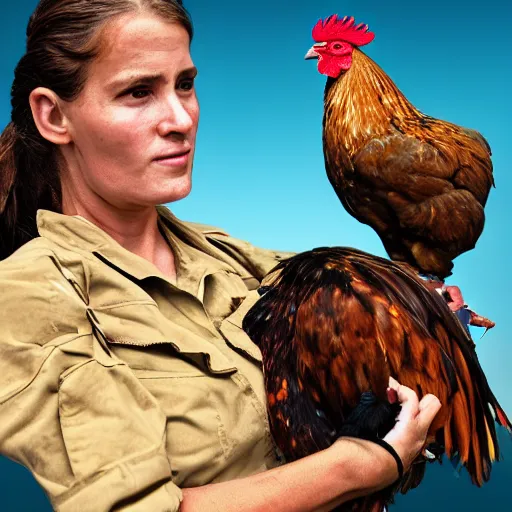 Image similar to A realistic image of a very sas woman holding a rooster in her hands, ultra high detail, 8k.