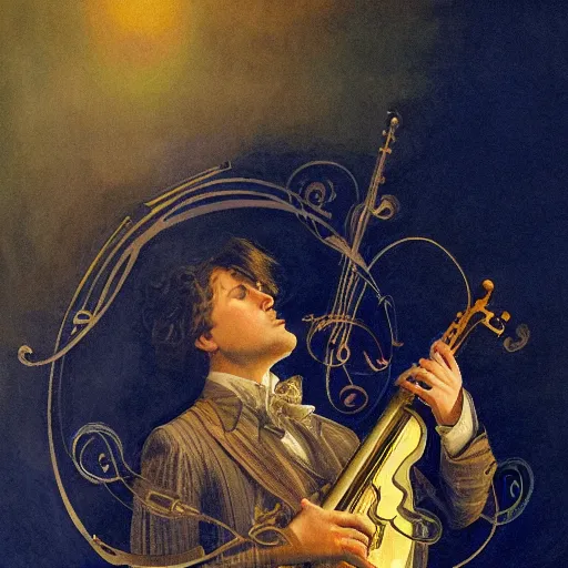 Prompt: stunning, breathtaking, awe-inspiring award-winning concept art nouveau painting of a well dressed bard surrounded by musical notes made of light energy, by John Avon, extremely moody lighting, glowing light and shadow, atmospheric, cinematic, 8K