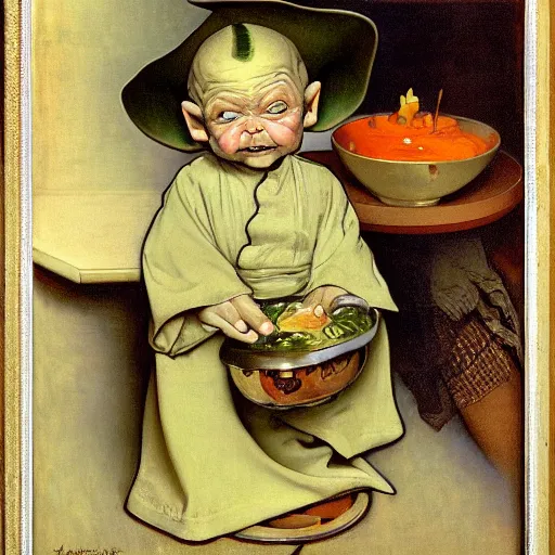 Image similar to baby yoda as a chef wearing a white apron and wearing a white chef's hat, by Jan van Eyck, by alphonse mucha