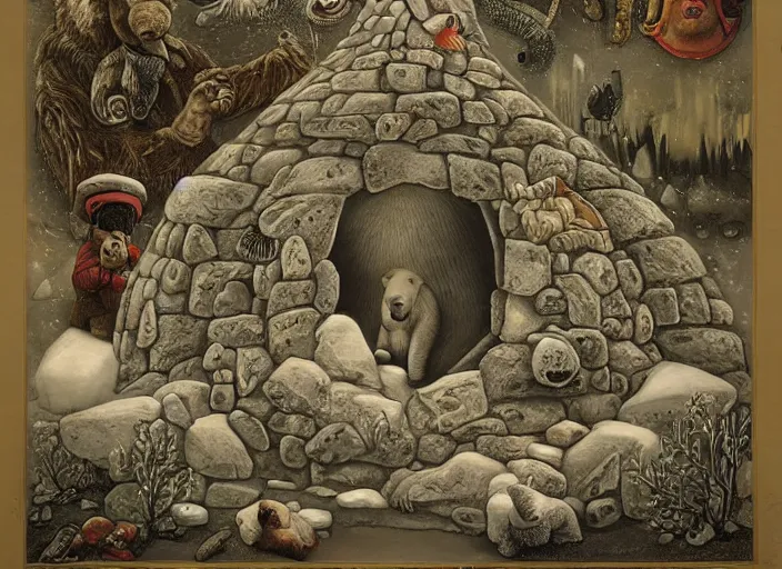 Image similar to an igloo with a chimney, walrus, polar bear, sleigh dogs, fish, giraffe, lowbrow in the style of mark ryden and ernst haeckel,