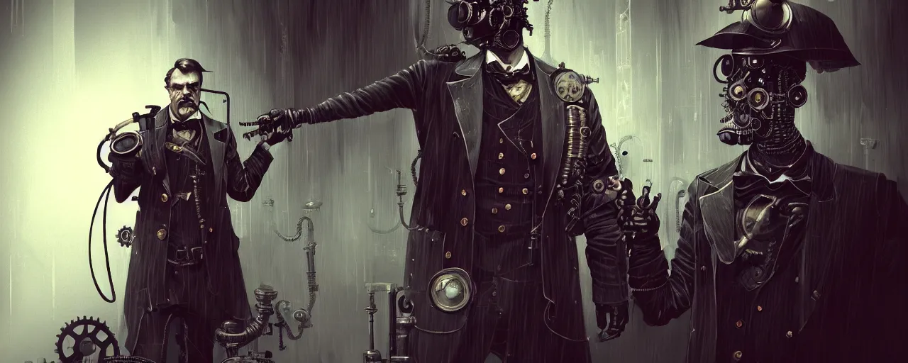 Image similar to duotone dark concept illustration 3 / 4 portrait of friedrich nietzsche as steampunk cyborg with thor hammer smoke all around. highly detailed mechanism cinematic volumetric ghastly lighting. by sachin teng and sergey kolesov and ruan jia and heng z. graffiti art, scifi, fantasy, hyper detailed. octane render. concept art. trending on artstation