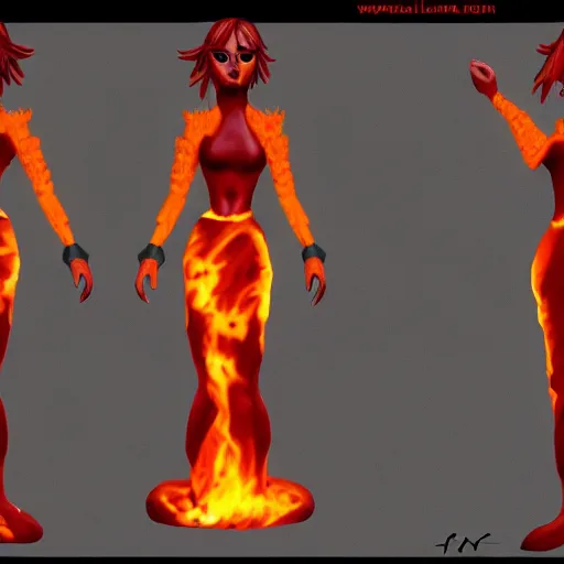 Image similar to A flaming lava game character, fire lava dress, doll-like, character design sheet, detailed eyes, HDR