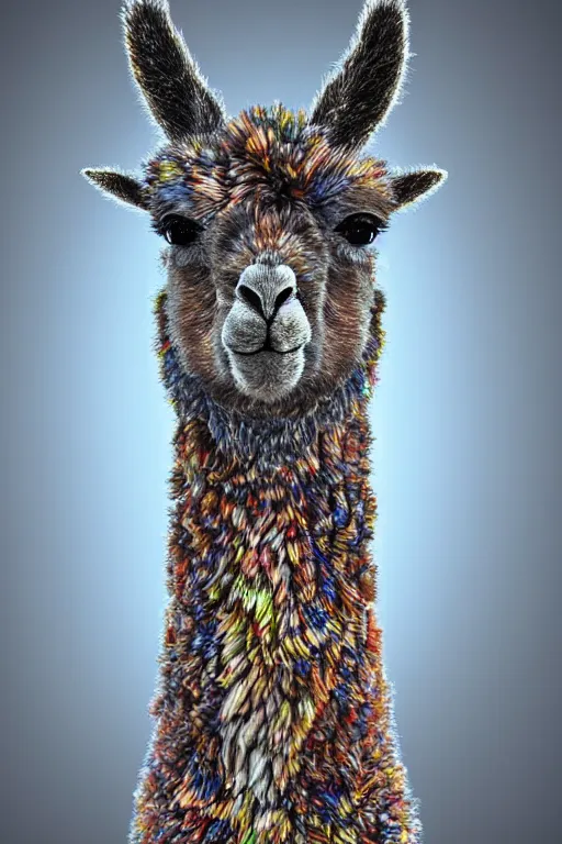 Prompt: highly rhythmic expressionistic wild symmetrical nano-scale furry llama portrait in Scanning tunneling microscope pleasing palette trending on artstation sculpture, HQ 8k scan