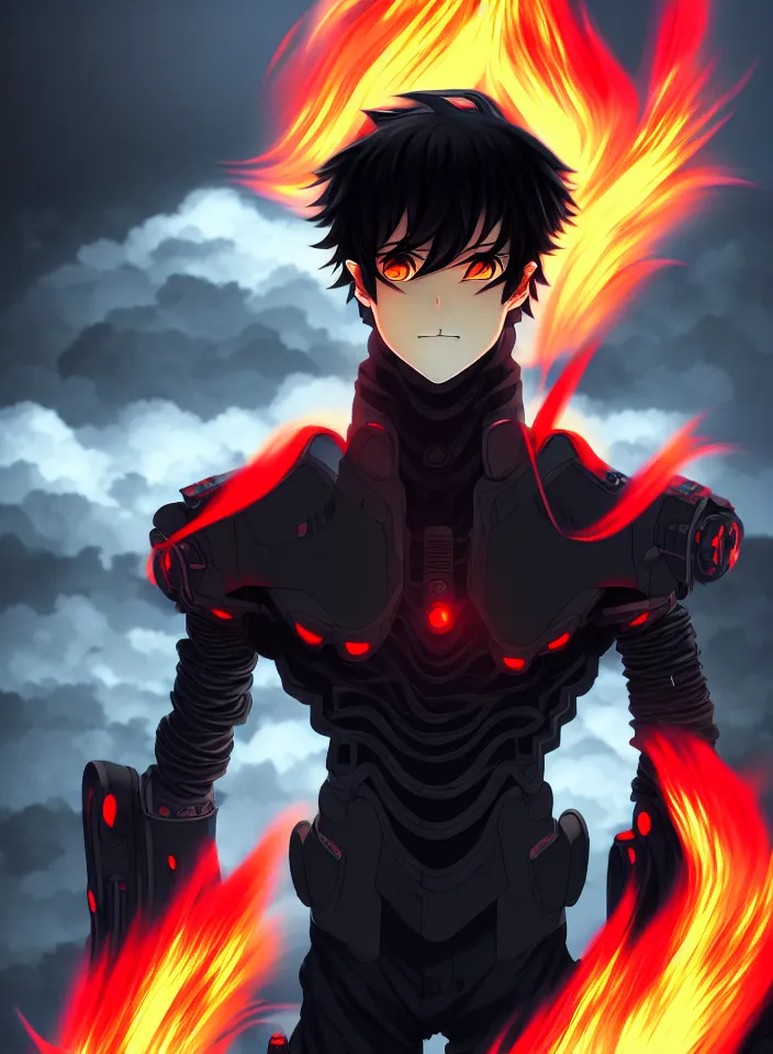 Prompt: a detailed manga illustration character full body portrait of a dark haired cyborg anime man surrounded by clouds of dark smoke and fire, trending on artstation, digital art, 4 k resolution, detailed, high quality, sharp focus, hq artwork, insane detail, concept art, character concept, character illustration, full body illustration, cinematic, dramatic lighting