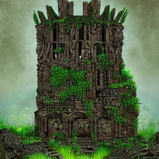 Image similar to ruined tower covered in creepers, beautiful, intricate, detailed, digital art