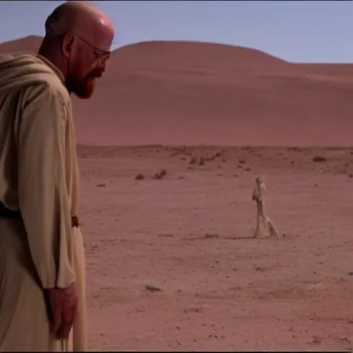 Image similar to Walter White visiting Tatooine, movie screenshot from Star Wars