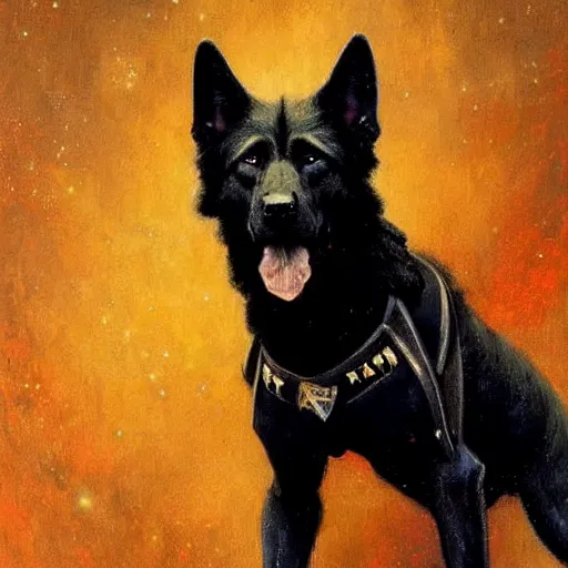 Prompt: a portrait of a black german shepard dogman canine star trek captain red shirt. highly detailed painting by gaston bussiere craig mullins jc